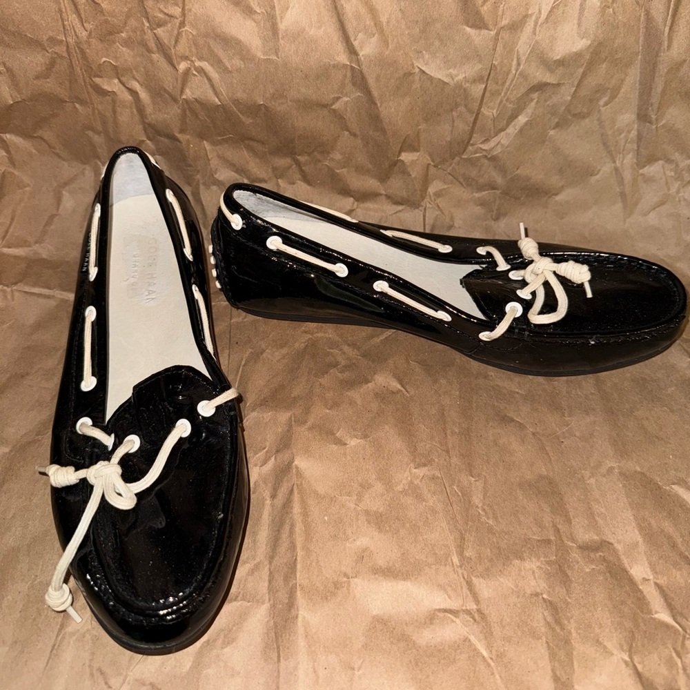 Cole Haan Black Patent Leather Loafers with White Accents